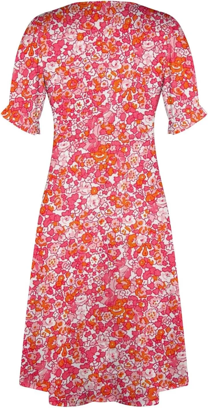 Summer Dresses 2025 Long Sundresses Vacation Ruffled Pleated V Neck Wrap Dress for Women Casual Short Sleeve