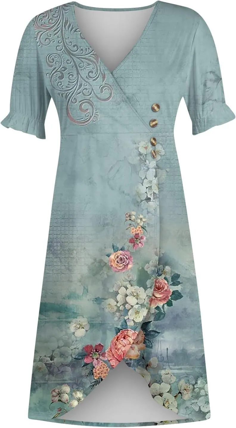 Summer Dresses 2025 Long Sundresses Vacation Ruffled Pleated V Neck Wrap Dress for Women Casual Short Sleeve