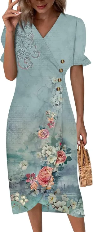 Summer Dresses 2025 Long Sundresses Vacation Ruffled Pleated V Neck Wrap Dress for Women Casual Short Sleeve