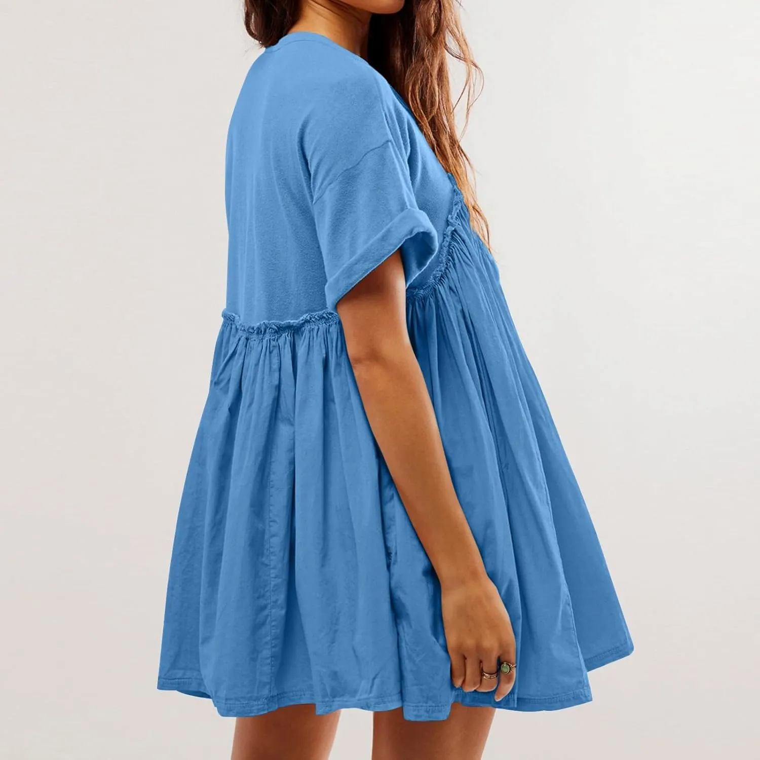 Summer Dresses for Women Short Sleeve Patchwork Crewneck Mini Dress Casual Colorblock Pleated Dresses with Pockets