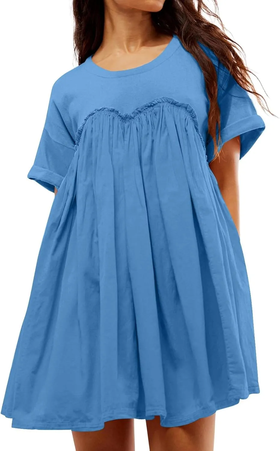 Summer Dresses for Women Short Sleeve Patchwork Crewneck Mini Dress Casual Colorblock Pleated Dresses with Pockets