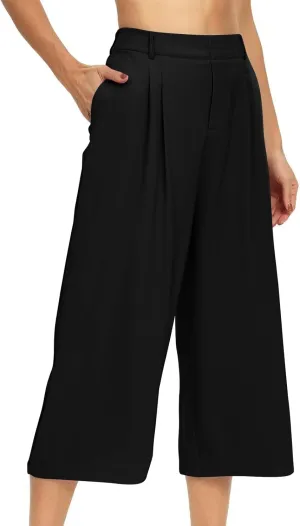 Summer Dressy Cropped Pants for Women High Waist Wide Leg Capris Loose Casual Work Pant Crop Trousers with Pocket