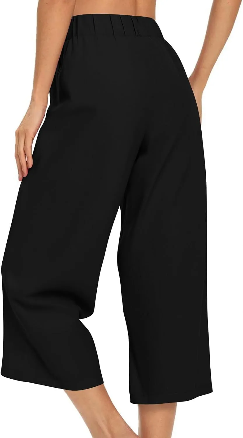 Summer Dressy Cropped Pants for Women High Waist Wide Leg Capris Loose Casual Work Pant Crop Trousers with Pocket