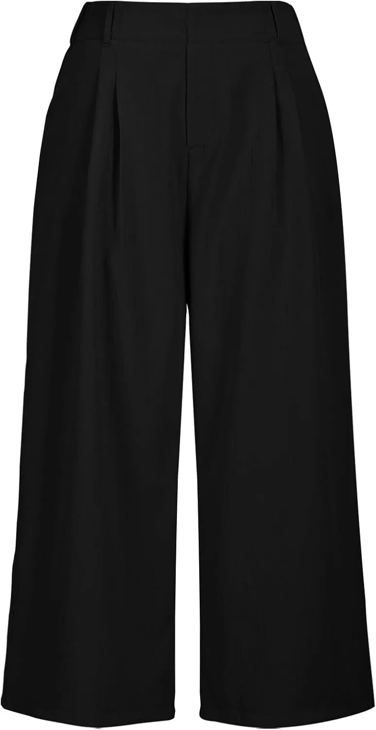 Summer Dressy Cropped Pants for Women High Waist Wide Leg Capris Loose Casual Work Pant Crop Trousers with Pocket