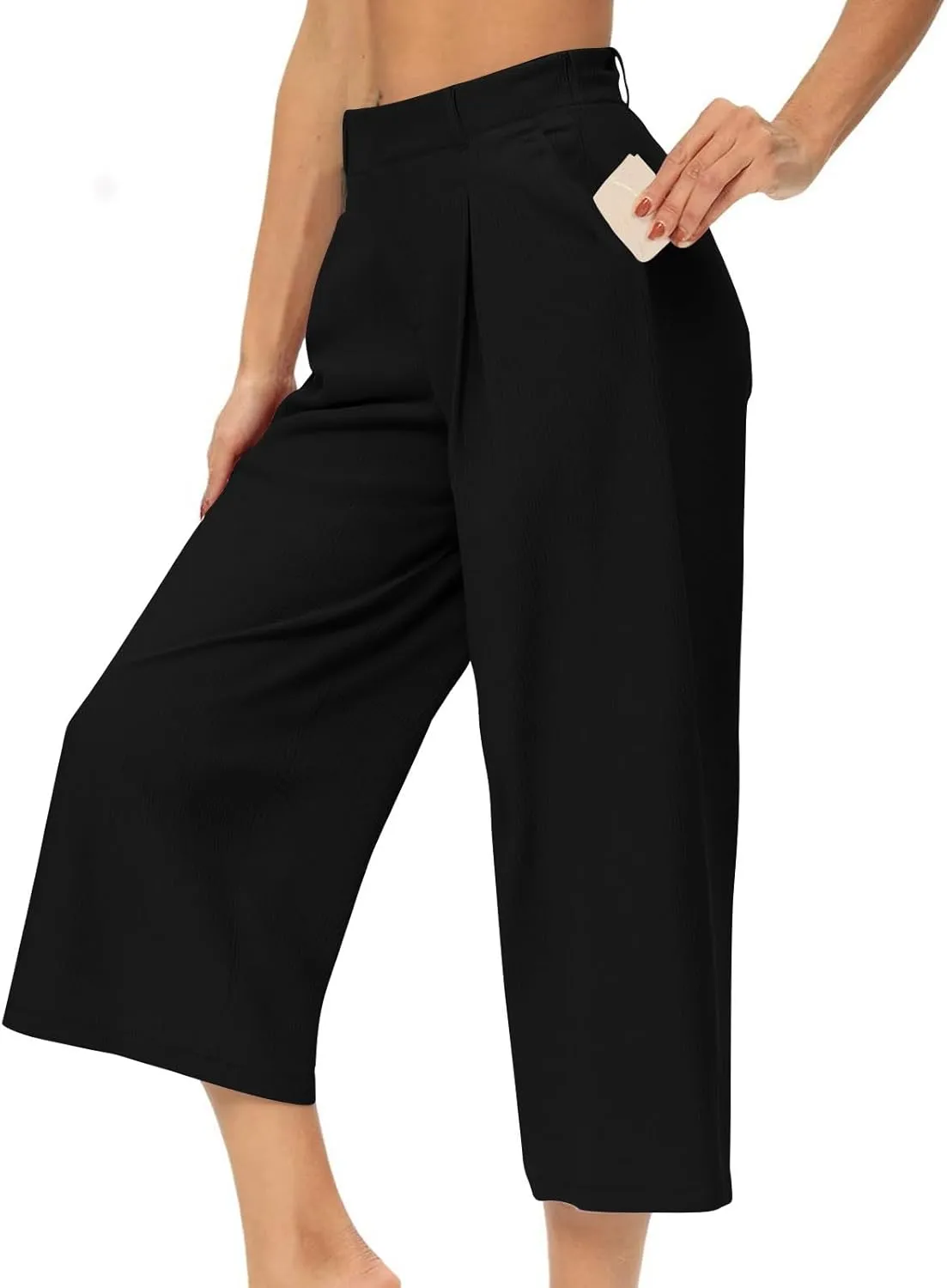 Summer Dressy Cropped Pants for Women High Waist Wide Leg Capris Loose Casual Work Pant Crop Trousers with Pocket