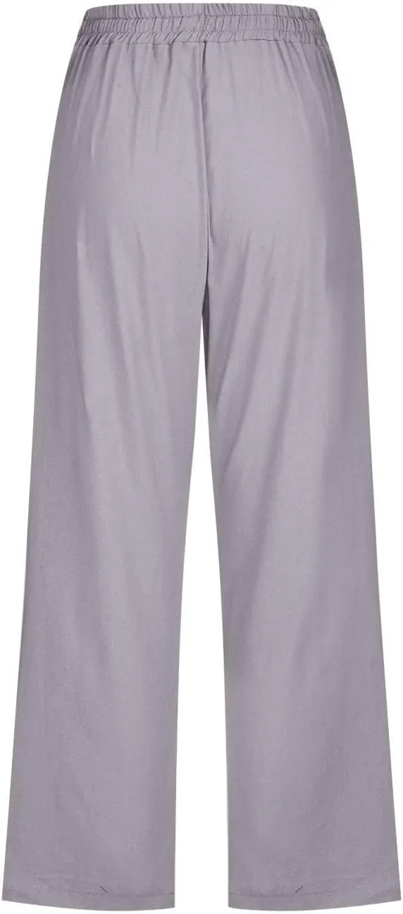 Summer Linen Capris for Women Casual Loose Wide Leg Trousers with Pockets Lightweight High Waisted Cropped Pants