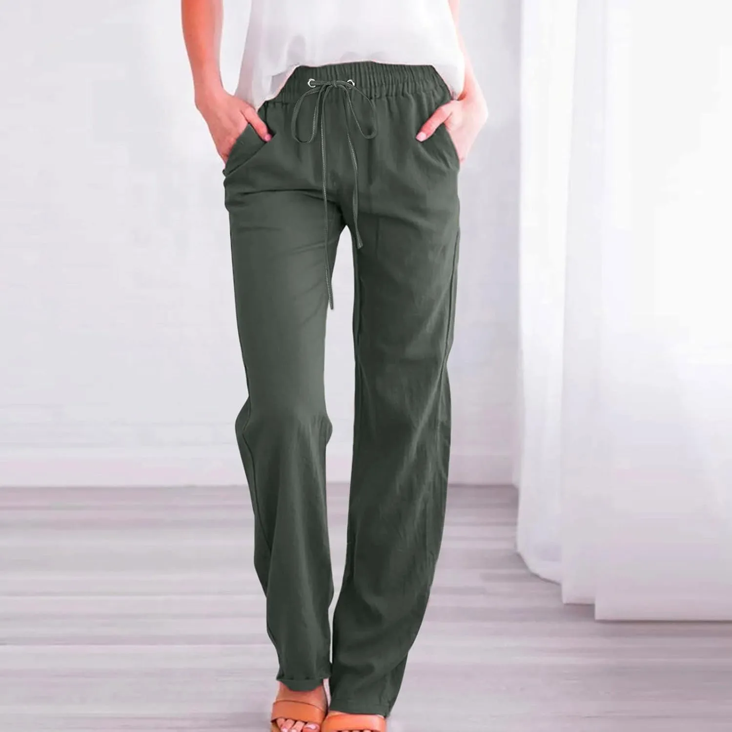 Summer Linen Pants for Women Lightweight Relax Fit Elastic Waist Solid Lounge Long Pants Trendy Beach Boho Trousers