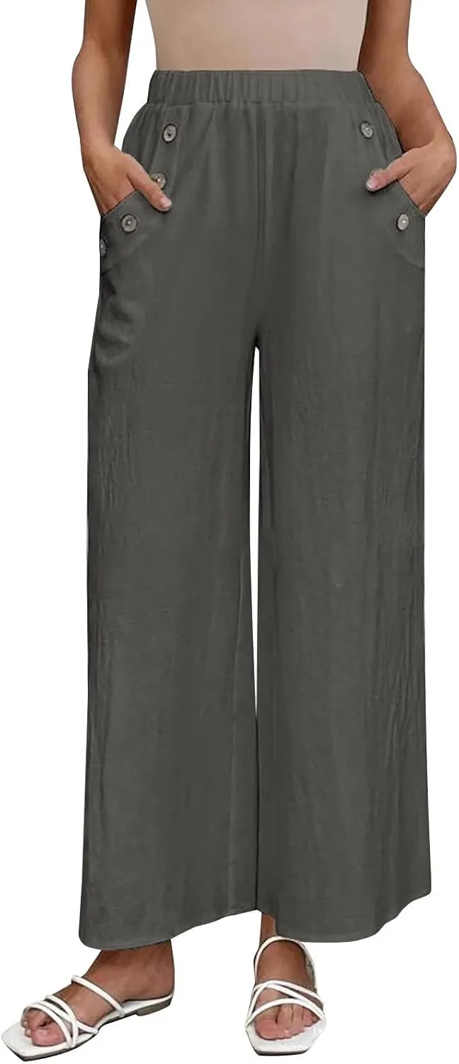 Summer Linen Trousers for Women Wide Leg Elastic Waist Button Fly Loose Trousers Casual Beach Work Pants with Pockets