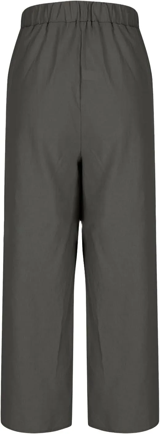 Summer Linen Trousers for Women Wide Leg Elastic Waist Button Fly Loose Trousers Casual Beach Work Pants with Pockets