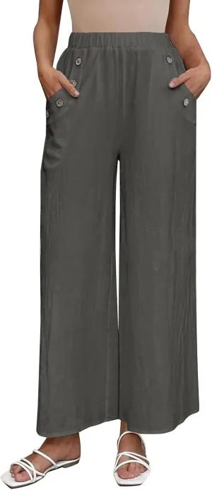 Summer Linen Trousers for Women Wide Leg Elastic Waist Button Fly Loose Trousers Casual Beach Work Pants with Pockets