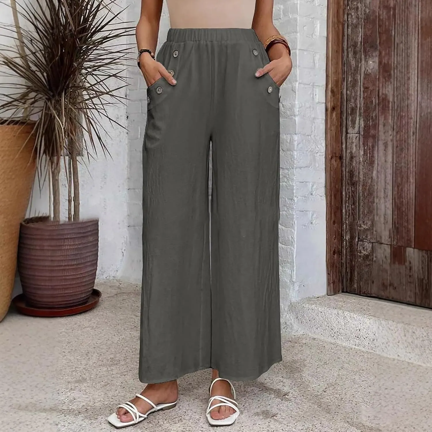 Summer Linen Trousers for Women Wide Leg Elastic Waist Button Fly Loose Trousers Casual Beach Work Pants with Pockets