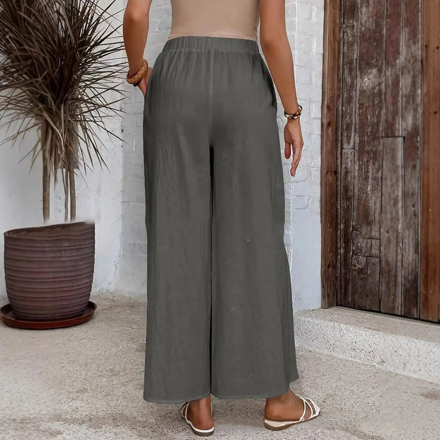 Summer Linen Trousers for Women Wide Leg Elastic Waist Button Fly Loose Trousers Casual Beach Work Pants with Pockets