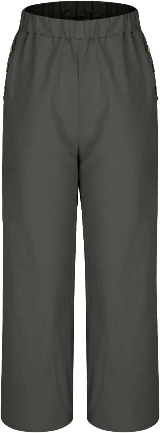 Summer Linen Trousers for Women Wide Leg Elastic Waist Button Fly Loose Trousers Casual Beach Work Pants with Pockets