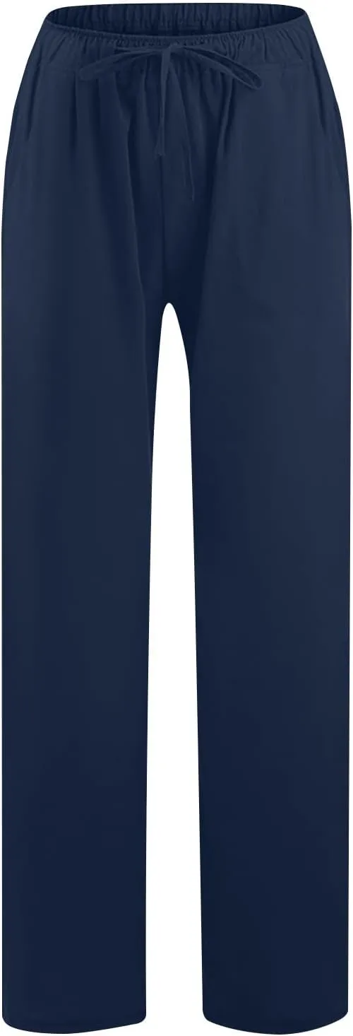 Summer Pants for Women 2025 Casual Loose Cotton Linen Pants Wide Leg Drawstring Elastic Waist Trousers with Pockets
