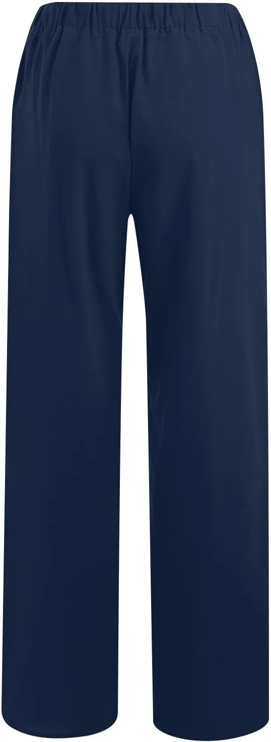 Summer Pants for Women 2025 Casual Loose Cotton Linen Pants Wide Leg Drawstring Elastic Waist Trousers with Pockets