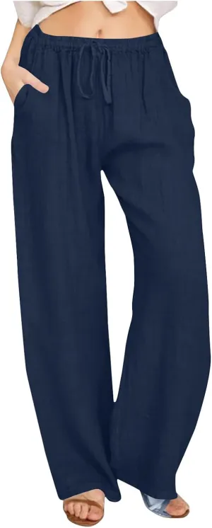 Summer Pants for Women 2025 Casual Loose Cotton Linen Pants Wide Leg Drawstring Elastic Waist Trousers with Pockets