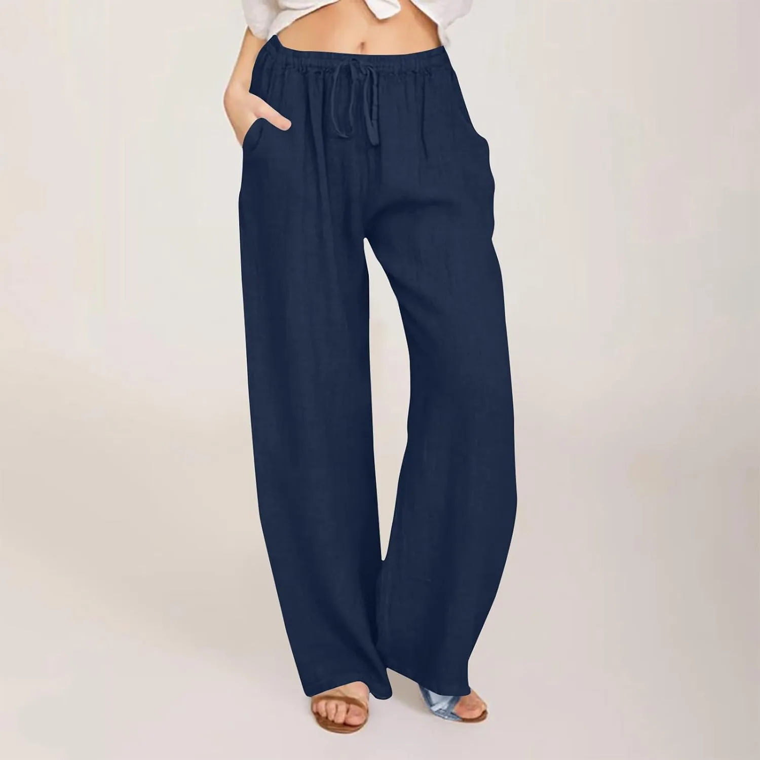 Summer Pants for Women 2025 Casual Loose Cotton Linen Pants Wide Leg Drawstring Elastic Waist Trousers with Pockets