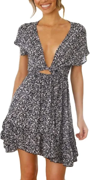 Sun Dresses for Women Short Sleeve Casual Floral Ruffle Modest Mini Dress Comfy Breathable Flowy Beach T Shirt Dress
