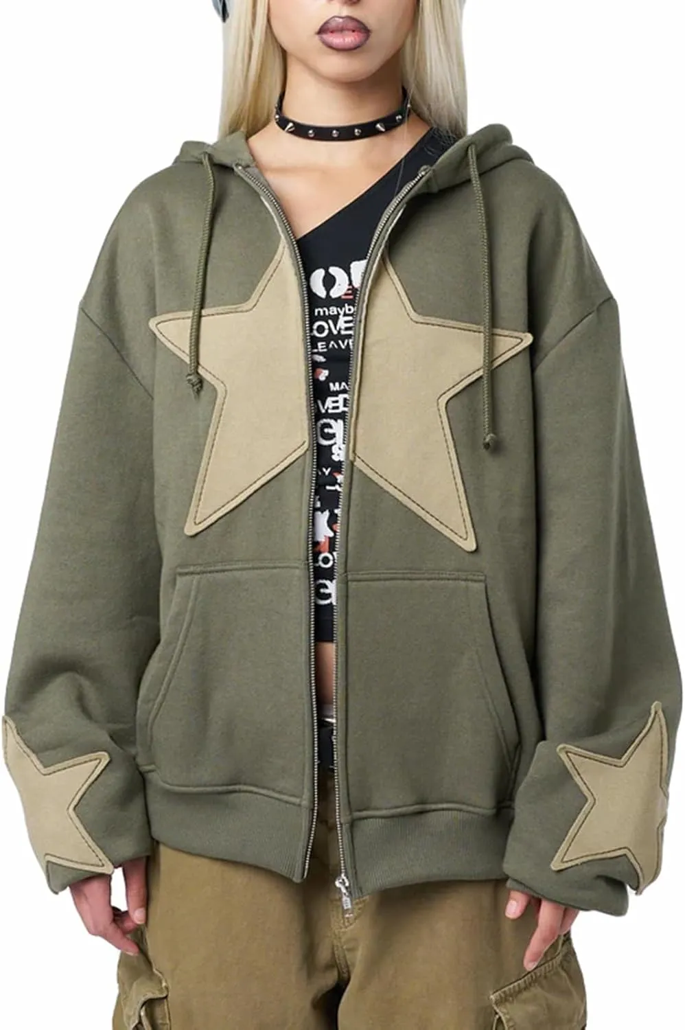 Sunwittafy Y2k Hoodie Men Women Letter Graphic Zip Up Hoodie Star Grunge Pullover Harajuku Sweatshirt Streetwear Jacket