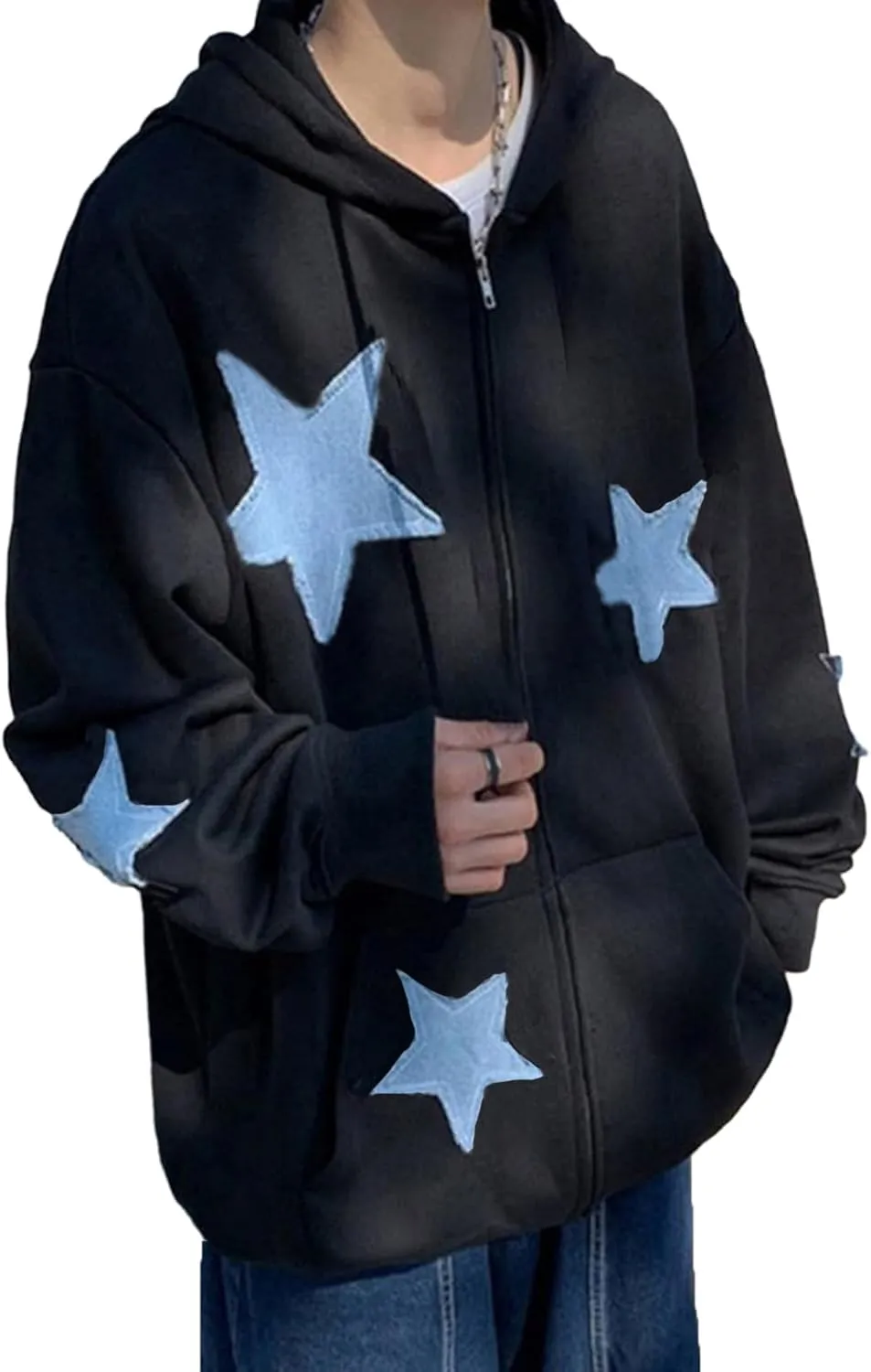 Sunwittafy Y2k Hoodie Men Women Letter Print Zip Up Hoodie Grunge Star Oversized Sweatshirt Harajuku Jacket Streetwear