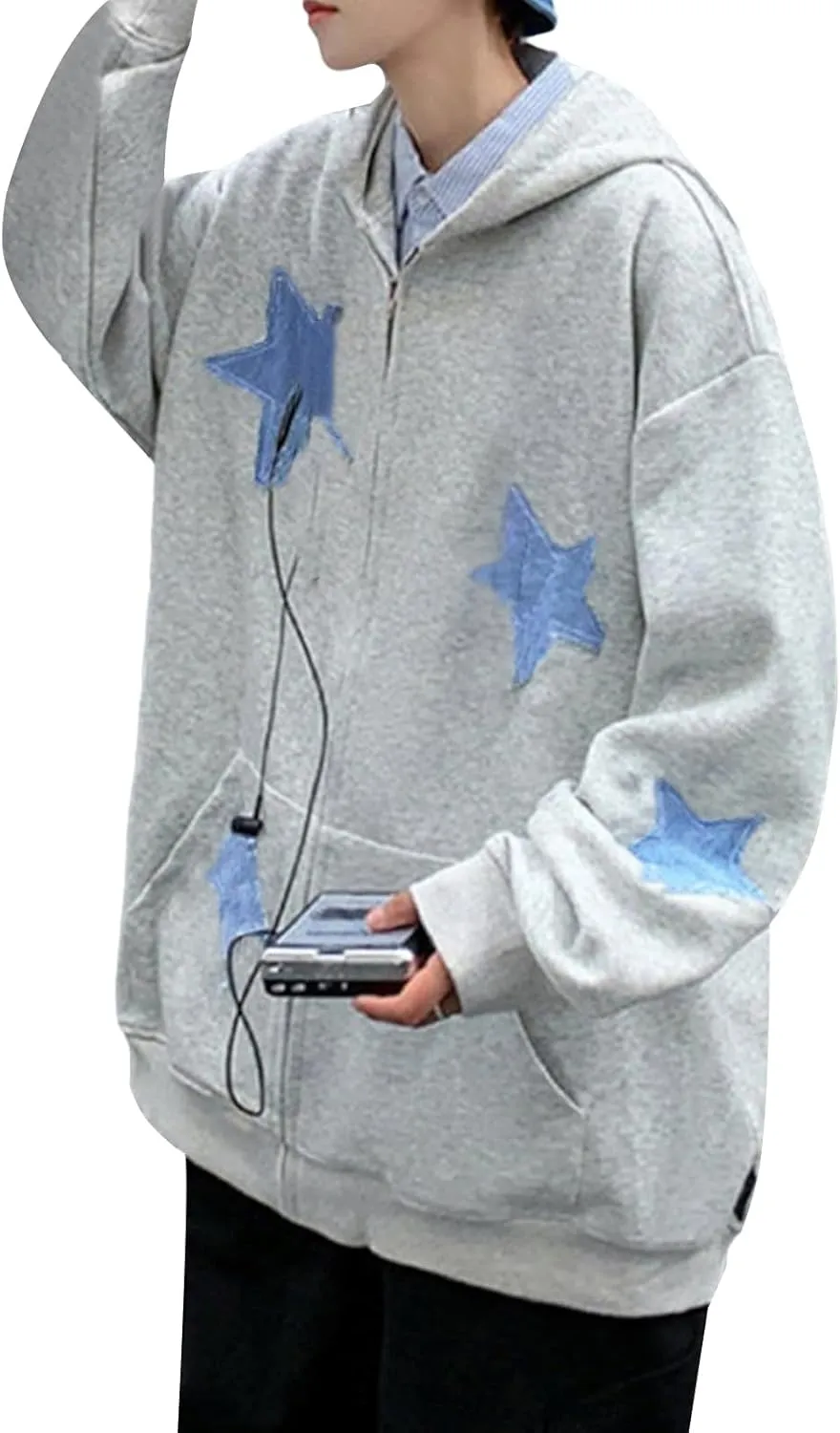 Sunwittafy Y2k Hoodie Men Women Letter Print Zip Up Hoodie Grunge Star Oversized Sweatshirt Harajuku Jacket Streetwear