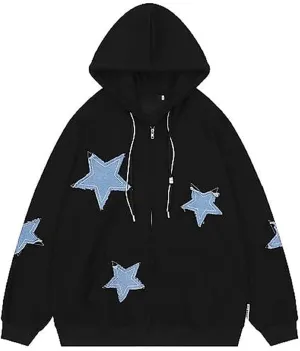 Sunwittafy Y2k Hoodie Men Women Letter Print Zip Up Hoodie Grunge Star Oversized Sweatshirt Harajuku Jacket Streetwear