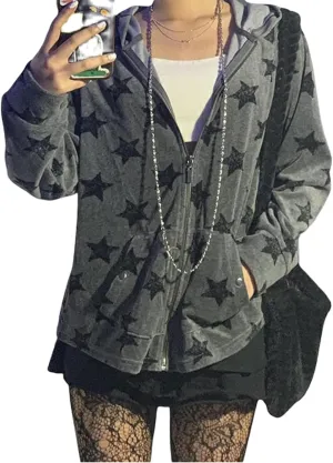 Sunwittafy Y2k Hoodie Men Women Letter Print Zip Up Hoodie Grunge Star Oversized Sweatshirt Harajuku Jacket Streetwear