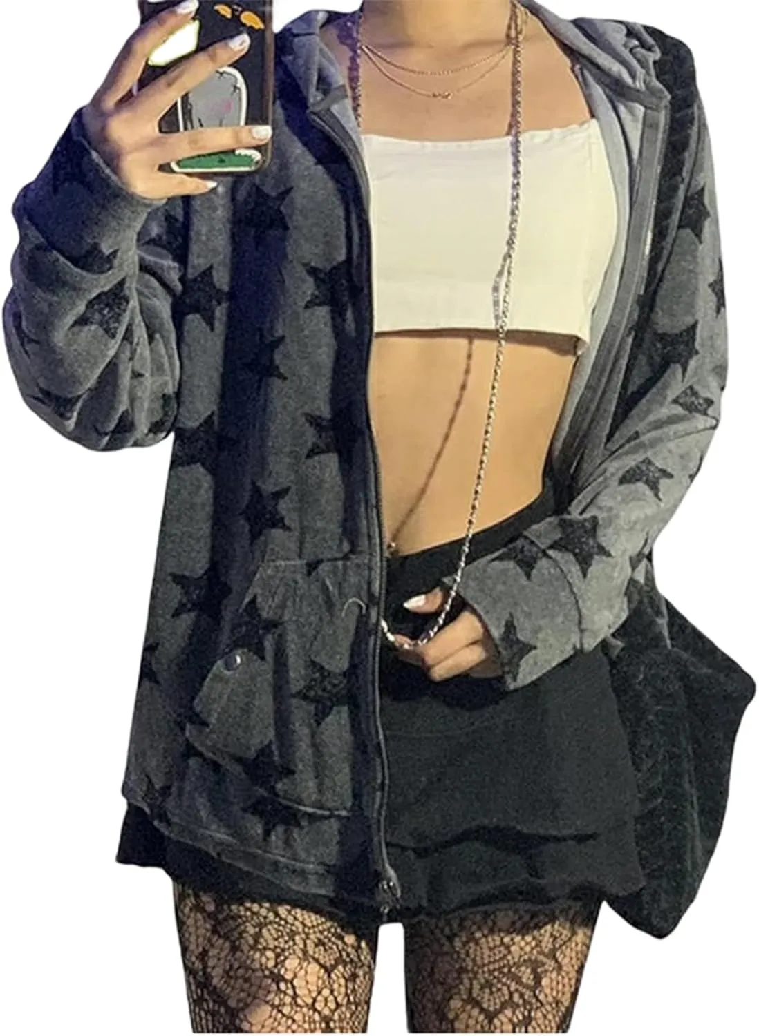 Sunwittafy Y2k Hoodie Men Women Letter Print Zip Up Hoodie Grunge Star Oversized Sweatshirt Harajuku Jacket Streetwear