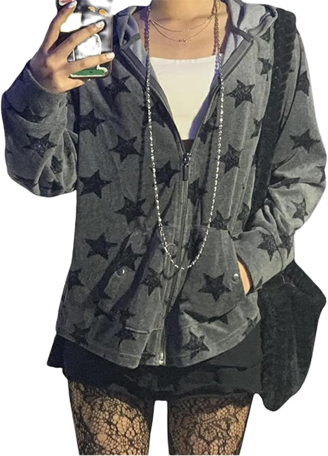 Sunwittafy Y2k Hoodie Men Women Letter Print Zip Up Hoodie Grunge Star Oversized Sweatshirt Harajuku Jacket Streetwear