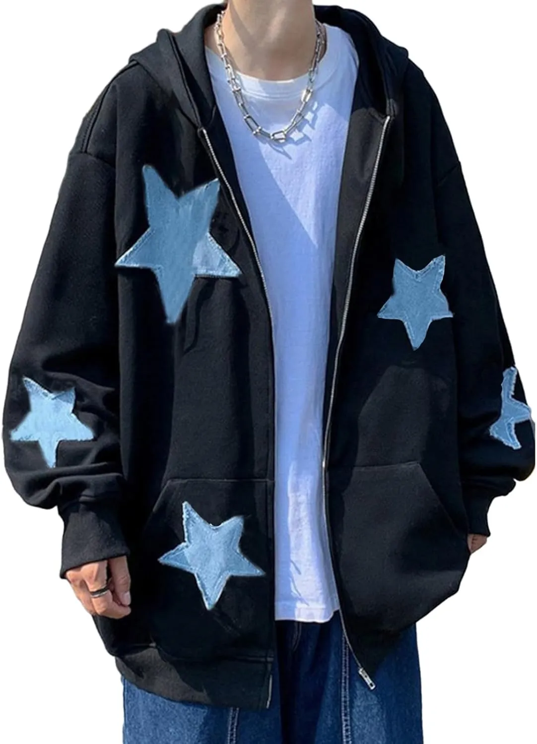 Sunwittafy Y2k Hoodie Men Women Letter Print Zip Up Hoodie Grunge Star Oversized Sweatshirt Harajuku Jacket Streetwear