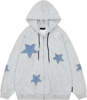 Sunwittafy Y2k Hoodie Men Women Letter Print Zip Up Hoodie Grunge Star Oversized Sweatshirt Harajuku Jacket Streetwear