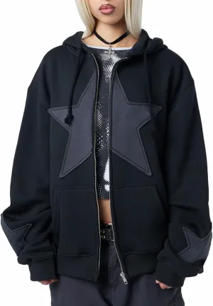 Sunwittafy Y2k Hoodie Men Women Letter Print Zip Up Hoodie Grunge Star Oversized Sweatshirt Harajuku Jacket Streetwear