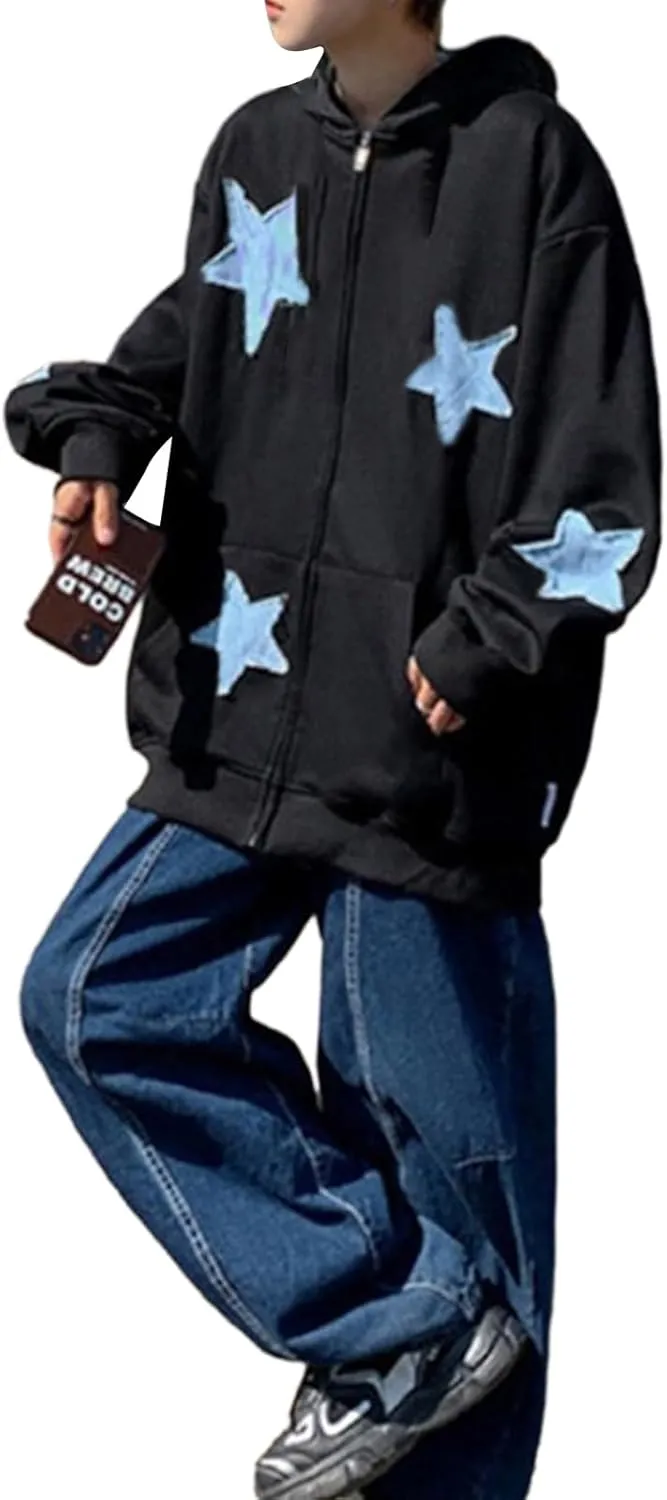 Sunwittafy Y2k Hoodie Men Women Letter Print Zip Up Hoodie Grunge Star Oversized Sweatshirt Harajuku Jacket Streetwear