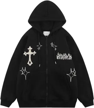 Sunwittafy Y2k Hoodie Men Women Zip Up Letter Print Hoodie Vintage Oversized Sweatshirt Grunge Harajuku Jacket Streetwear