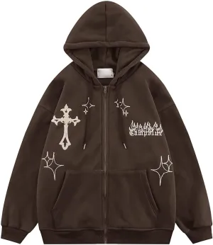 Sunwittafy Y2k Hoodie Men Women Zip Up Letter Print Hoodie Vintage Oversized Sweatshirt Grunge Harajuku Jacket Streetwear