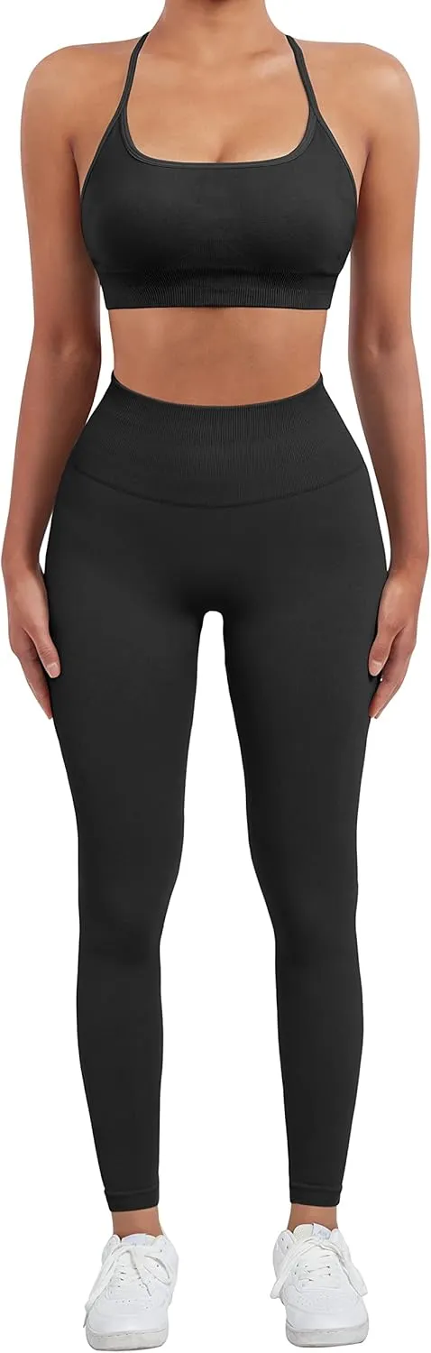 SUUKSESS Women Seamless Workout Sets Strappy Sports Bra High Waist Booty Leggings Outfits