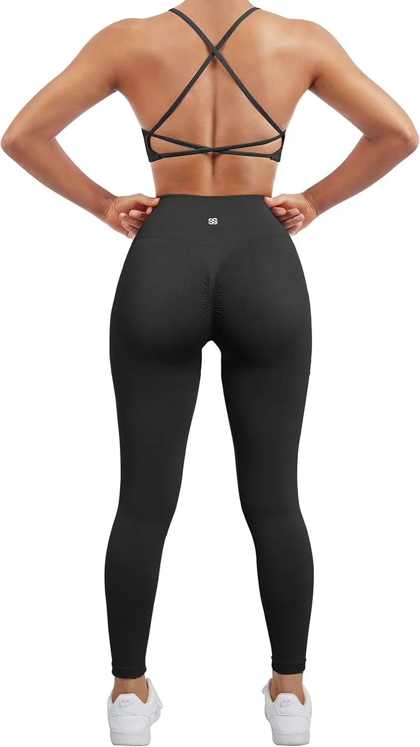 SUUKSESS Women Seamless Workout Sets Strappy Sports Bra High Waist Booty Leggings Outfits