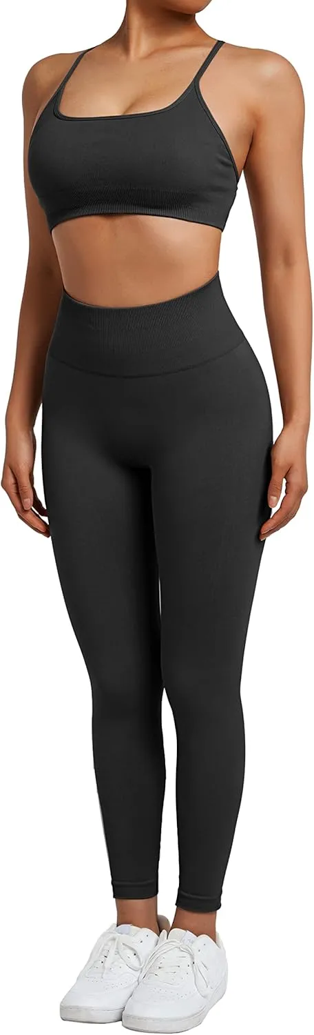SUUKSESS Women Seamless Workout Sets Strappy Sports Bra High Waist Booty Leggings Outfits