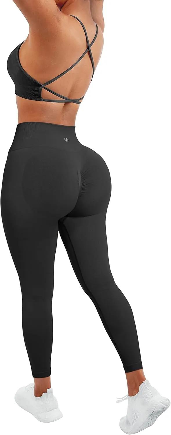 SUUKSESS Women Seamless Workout Sets Strappy Sports Bra High Waist Booty Leggings Outfits