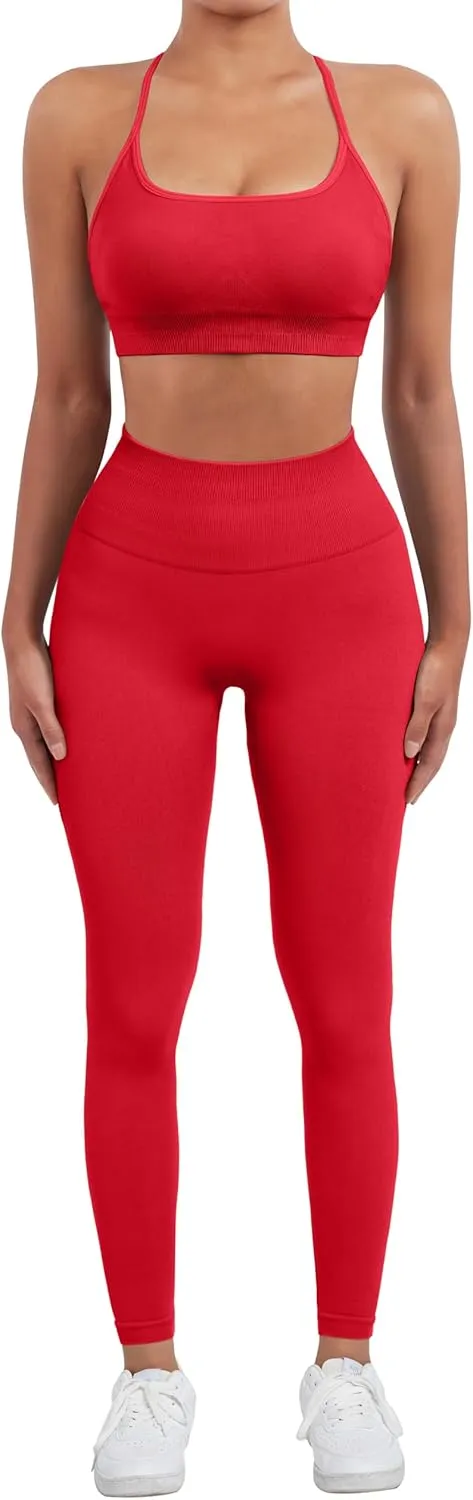 SUUKSESS Women Seamless Workout Sets Strappy Sports Bra High Waist Booty Leggings Outfits