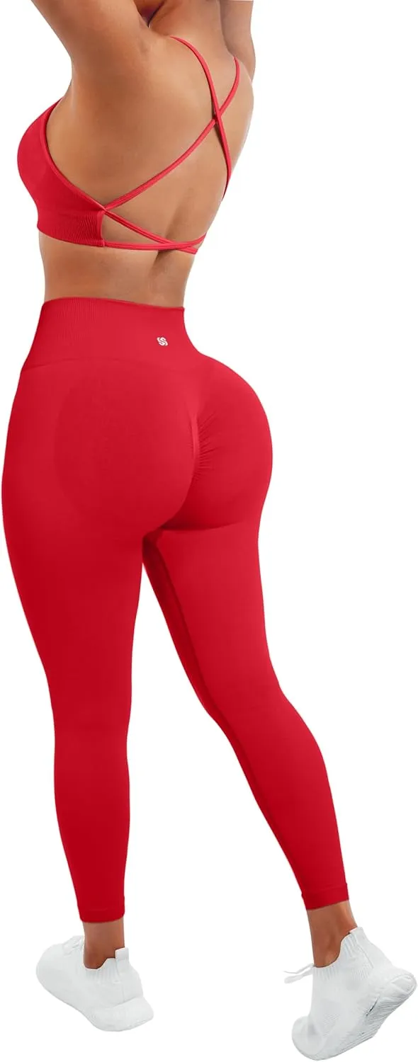 SUUKSESS Women Seamless Workout Sets Strappy Sports Bra High Waist Booty Leggings Outfits
