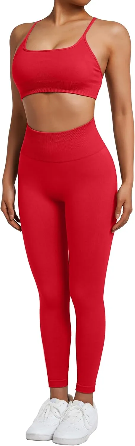 SUUKSESS Women Seamless Workout Sets Strappy Sports Bra High Waist Booty Leggings Outfits