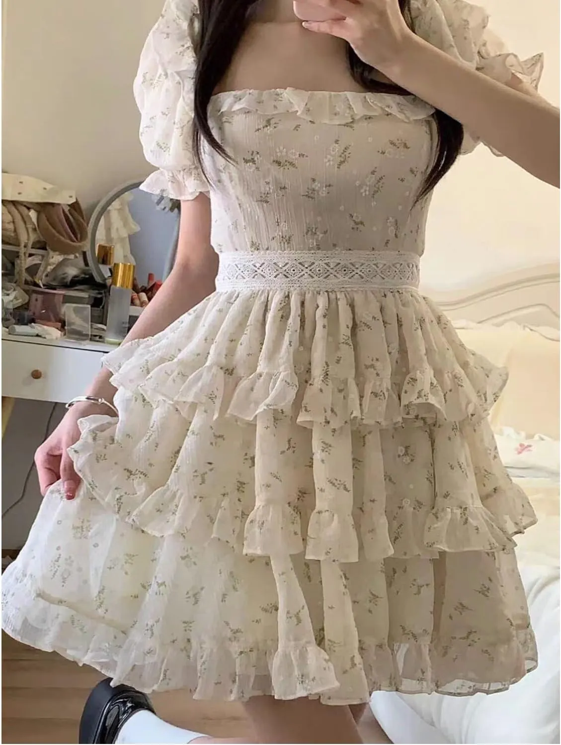 Sweet Ruffle Mini Dress Swing A Line High Waist Puff Sleeve Short Summer Dress Casual Flared Beach Vacation Cute Floral Dress