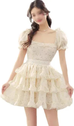 Sweet Ruffle Mini Dress Swing A Line High Waist Puff Sleeve Short Summer Dress Casual Flared Beach Vacation Cute Floral Dress