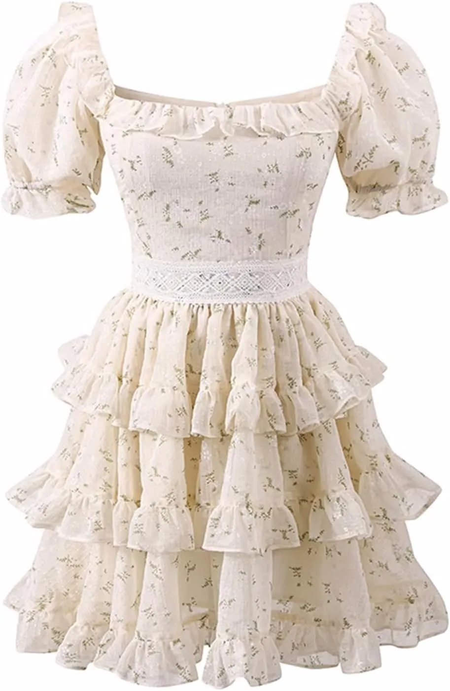 Sweet Ruffle Mini Dress Swing A Line High Waist Puff Sleeve Short Summer Dress Casual Flared Beach Vacation Cute Floral Dress