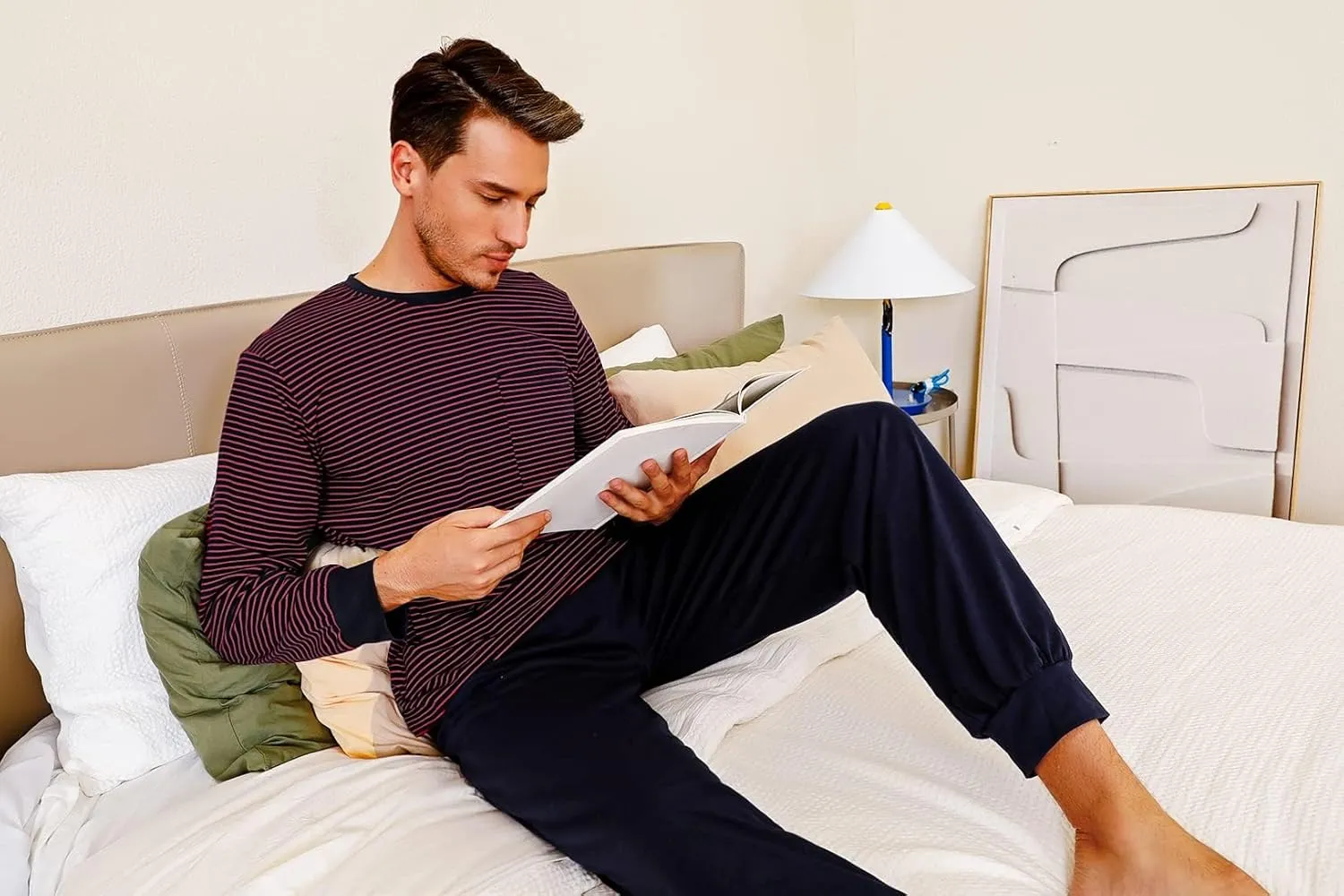Sykooria Men's Pajamas Set Long Sleeve Cotton Plaid Loungewear Comfy Striped Sleepwear with Pockets 2 Piece Comfy Pjs Set