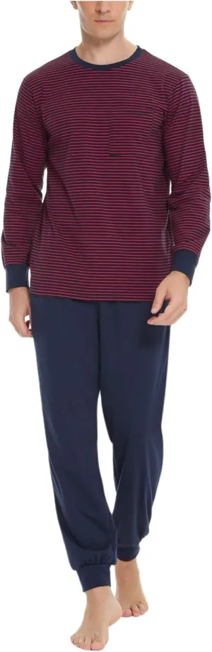 Sykooria Men's Pajamas Set Long Sleeve Cotton Plaid Loungewear Comfy Striped Sleepwear with Pockets 2 Piece Comfy Pjs Set