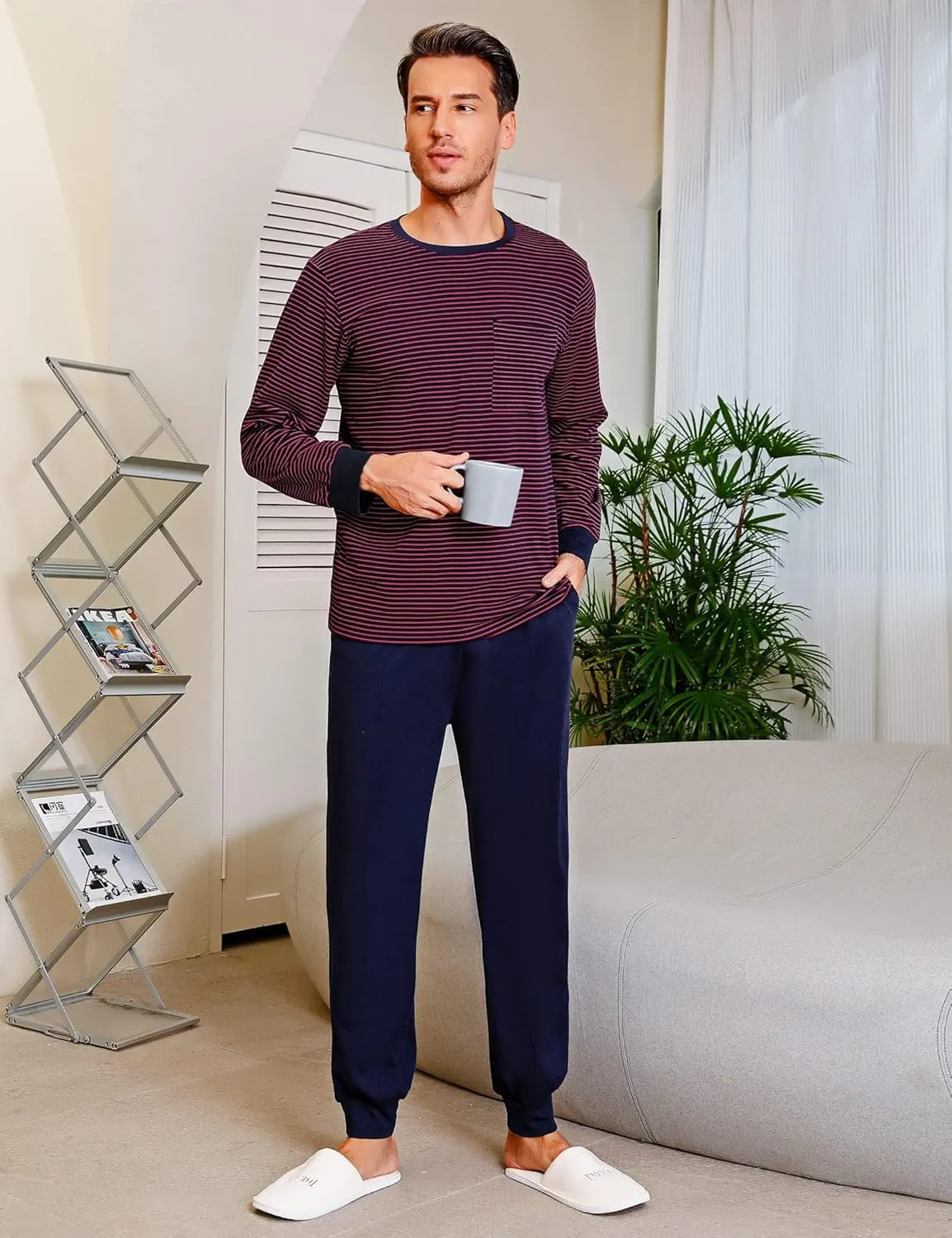 Sykooria Men's Pajamas Set Long Sleeve Cotton Plaid Loungewear Comfy Striped Sleepwear with Pockets 2 Piece Comfy Pjs Set