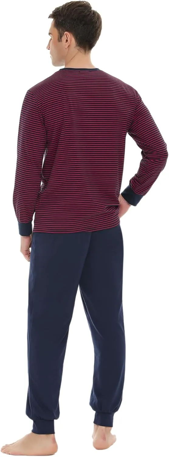 Sykooria Men's Pajamas Set Long Sleeve Cotton Plaid Loungewear Comfy Striped Sleepwear with Pockets 2 Piece Comfy Pjs Set