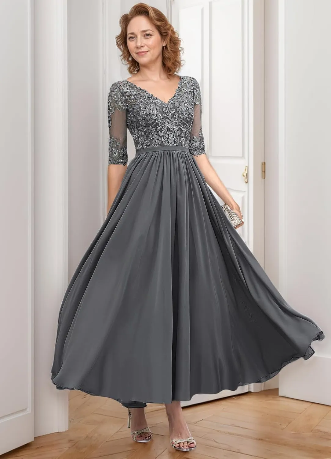 Tea Length Mother of The Bride Dresses for Women 2025 Chiffon A-line Lace Applique Half Sleeve Formal Dresses